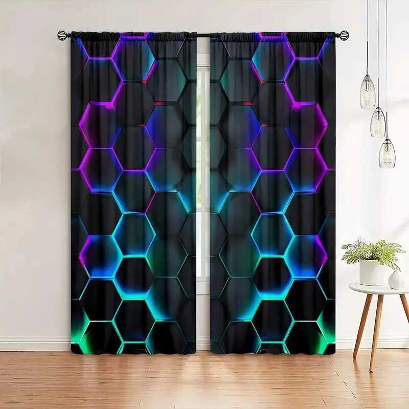 Tech Office Youtube - 2pcs Hexagon Tech Curtains with Rod