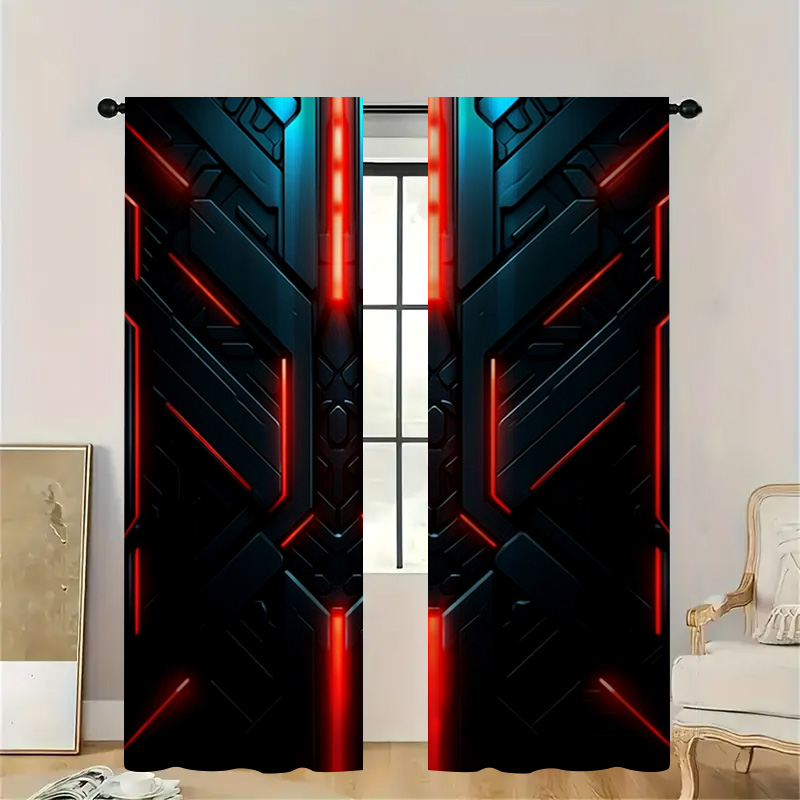 Tech Office Youtube - 2pcs Tech Geometric Curtains with Rod