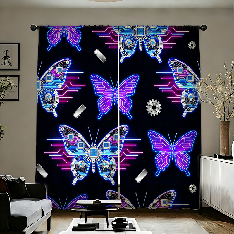 Tech Office Youtube - 2pcs Cyberpunk Butterfly Curtains Neon Circuit