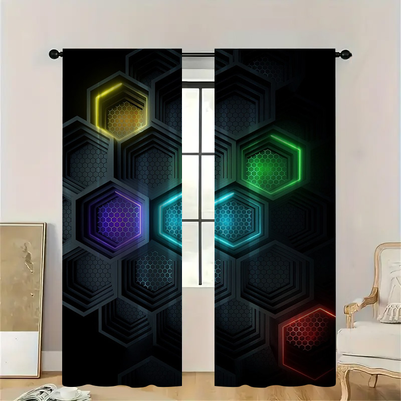 Tech Office Youtube - 2pcs Modern Geometric Curtains with Rod