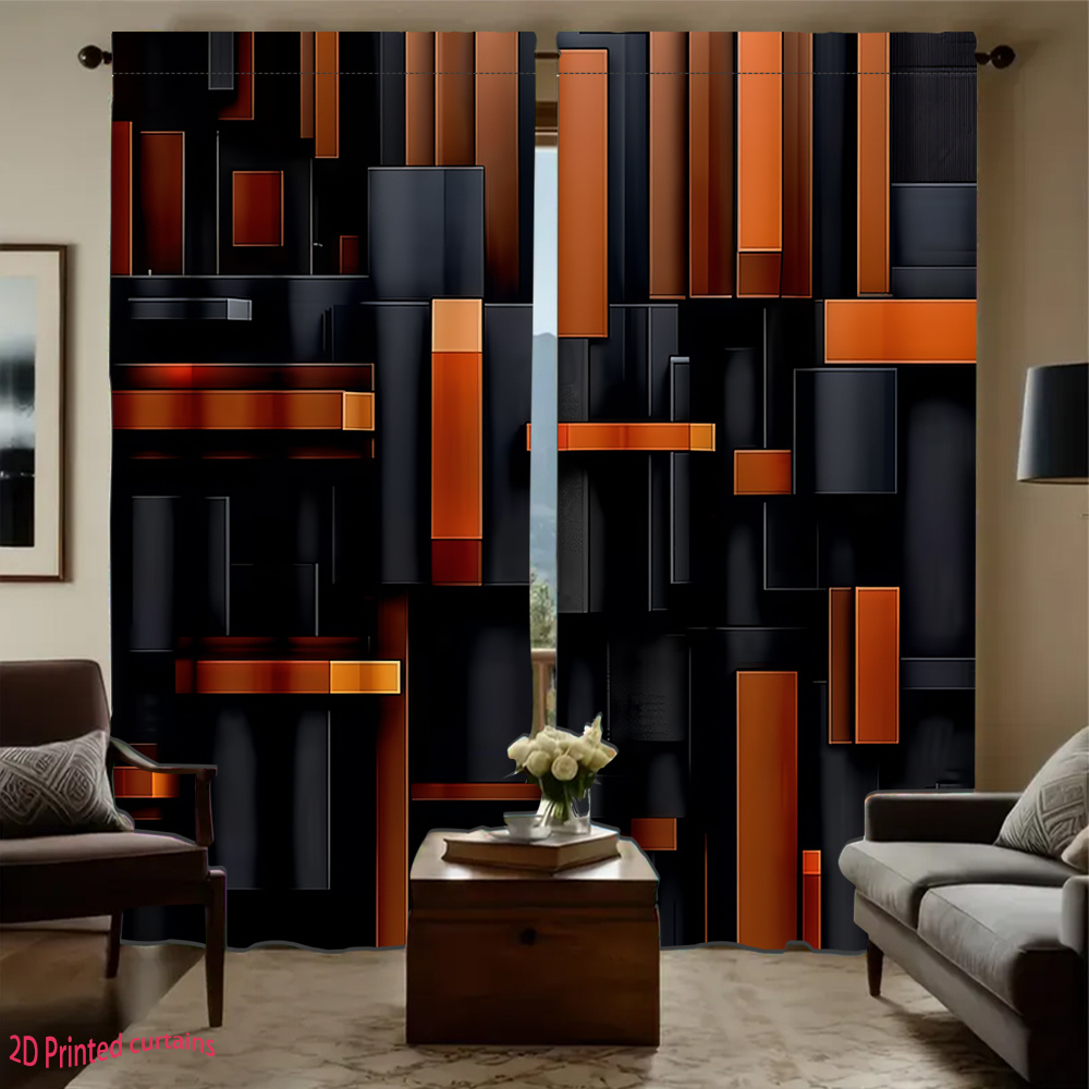Tech Office Youtube - 2pcs Abstract Geometric Curtains Black Orange