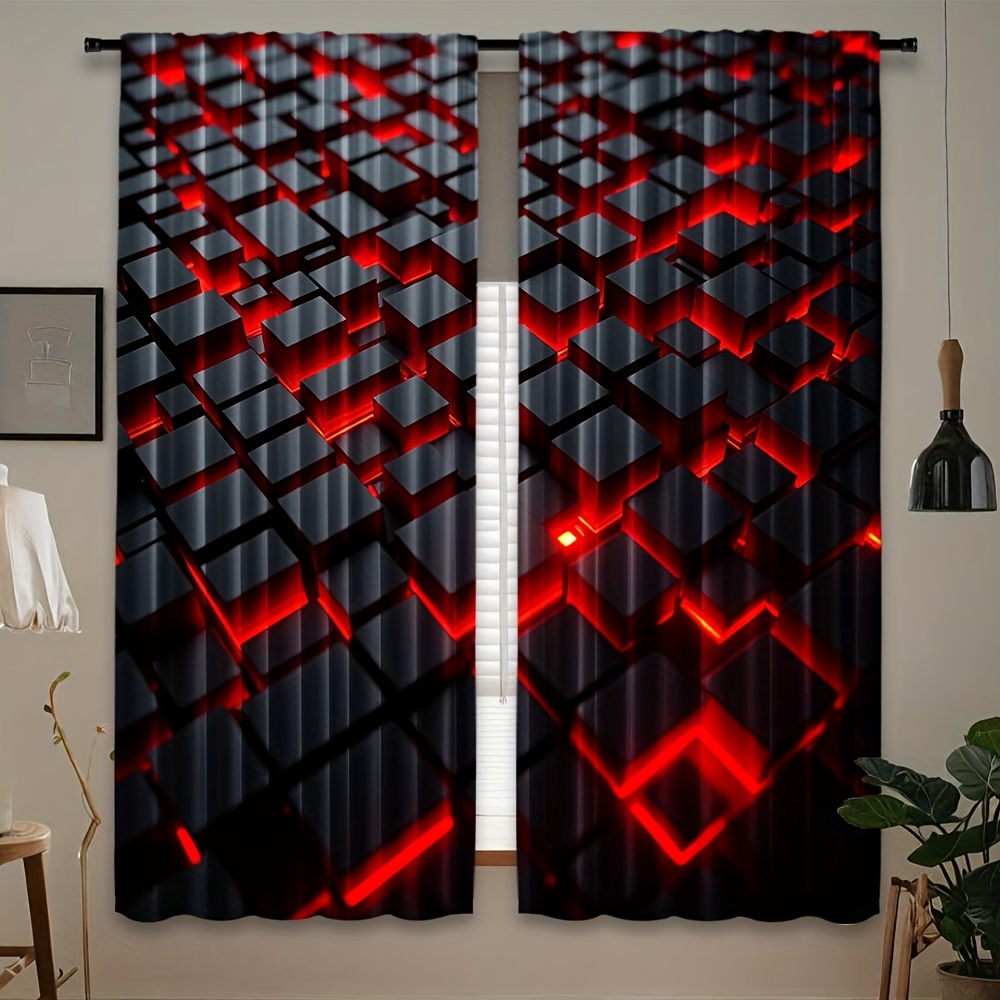 2pcs Geometric Curtains Red Bl - Tech Office Youtube ulasan dan harga
