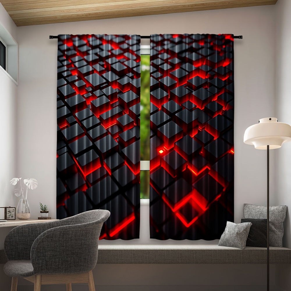 2pcs Geometric Curtains Red Bl - Tech Office Youtube ulasan dan harga