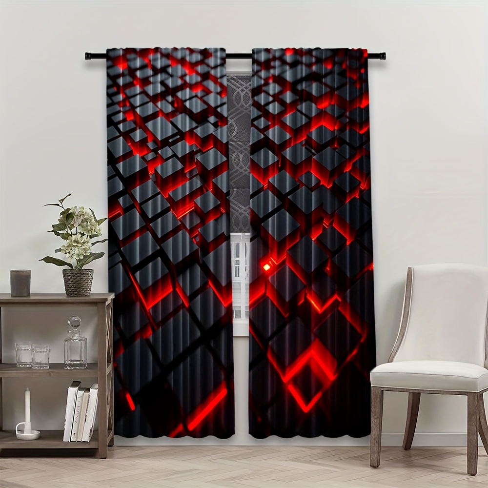 2pcs Geometric Curtains Red Bl - Tech Office Youtube ulasan dan harga